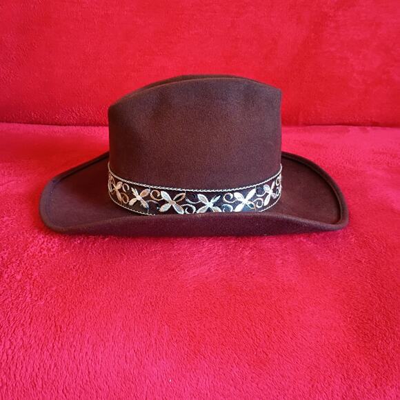 Brown Wool Felt Fedora Aztec Floral Ribbon Boho Western Vintage Rancher 8in main image 7